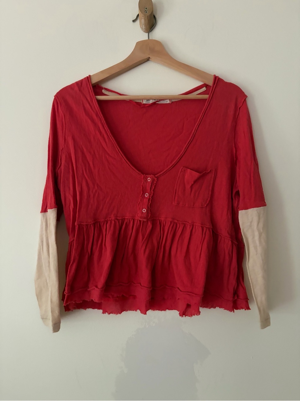 Vintage Free People Women’s Red Long Sleeve Peplum button Henley Top